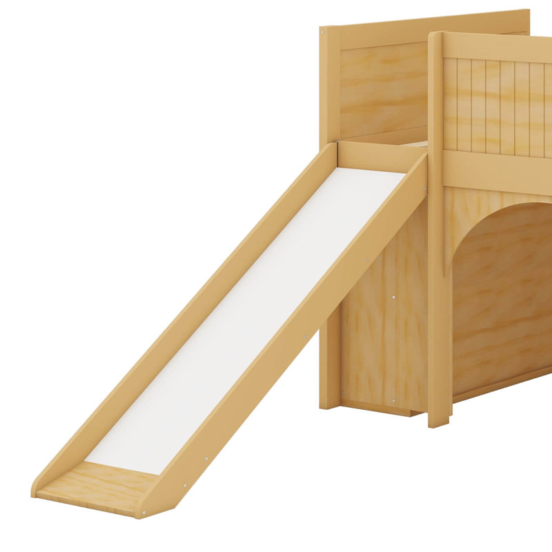 Low Loft Bed With Storage Shelves And Slide, Solid Wood Loft Bed Frame With Door And Window Design, Natural