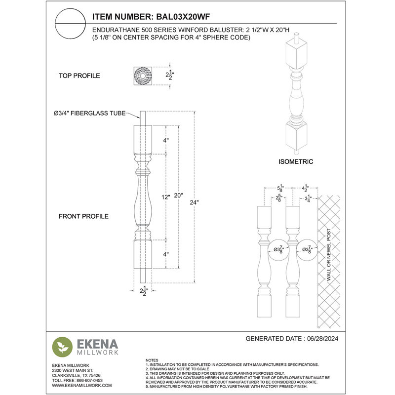 Endurathane 500 Series Winford Baluster, polyuréthane apprêté en usine, H 20 po x l 2,5 po x P 2,5 po