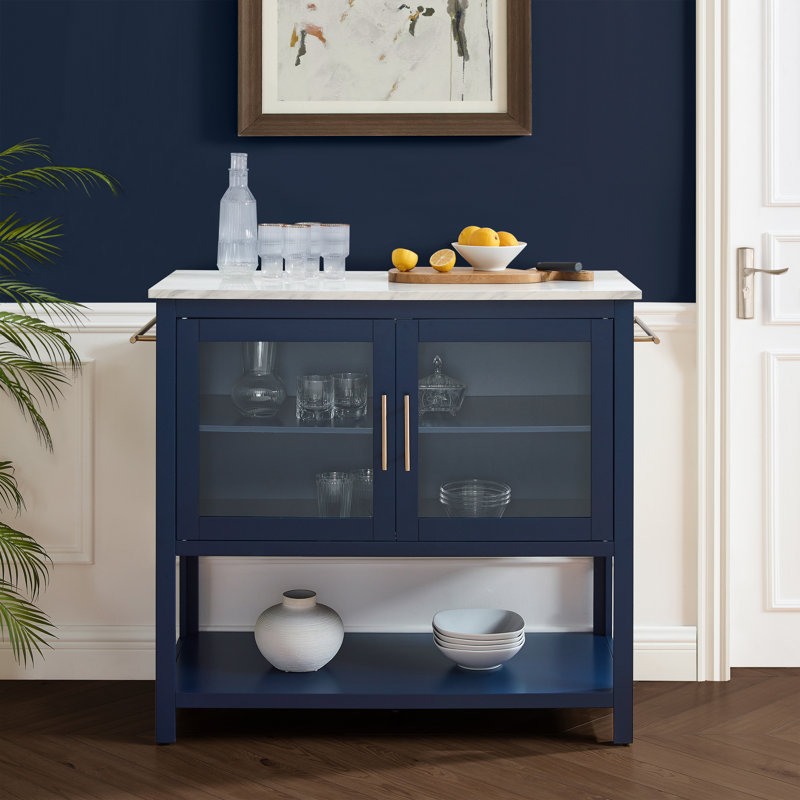 Îlot de cuisine en marbre blanc Alexander-Jay, Bleu marine