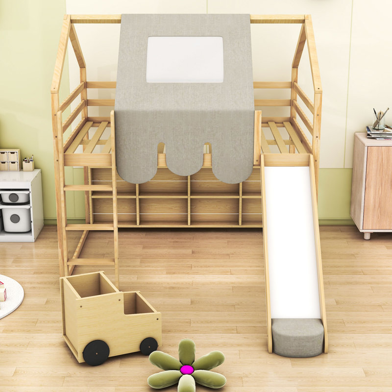 Lit mezzanine en bois avec glissoire, tablettes de rangement et cadre en forme de maison avec tente, Double, Naturel / Beige