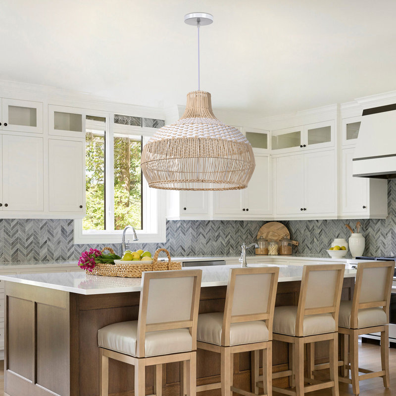 Calpella -Natural and White Rattan Light Pendant, 23.62" H x 23.62" W x 23.62" D