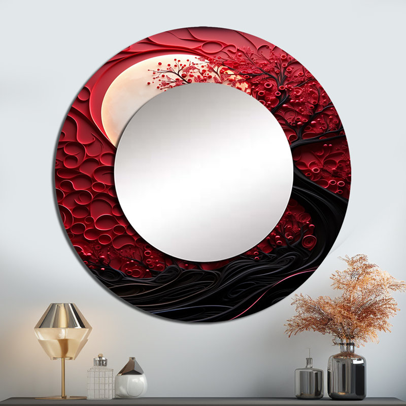 Red Moon Ruby Radiance - miroir décoratif lune, miroir mural rond rouge, impression d'art en métal, 29 po x 29 po