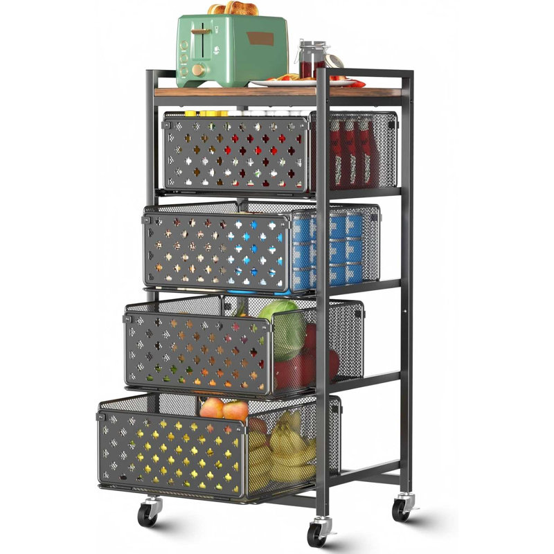 Chariot de rangement de cuisine à 5 niveaux avec roulettes, support de rangement pour fruits et légumes utilitaires avec paniers coulissants et plateau en bois, chariot à collation roulant à 4 tiroirs en métal, chariot de cuisine