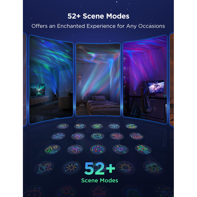 Projecteur Smart Star Aurora avec matière et aide Google - effets 3D fluides, 52 modes scène, 18 options de bruit blanc, veilleuse sans fil à DEL pour chambre à coucher, chambre de bébé, méditation