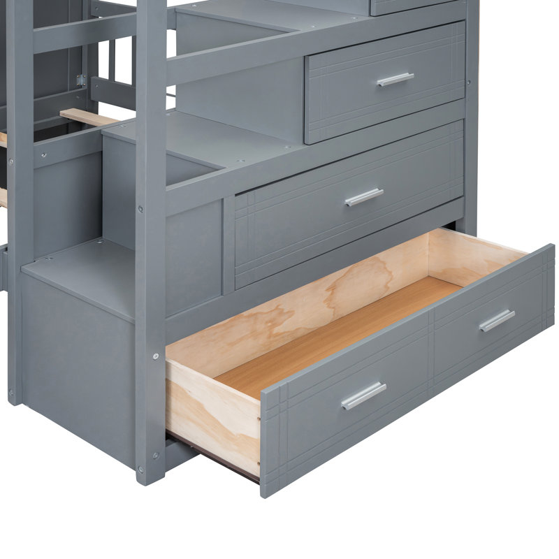 Lit superposé gris avec rangement pratique - Gardez votre chambre à coucher propre et bien rangée. Double au-dessus de la taille simple. Garde-robe et tiroirs. Space Optimizer. 97,9 po x 80 po x 64,6 po Fabrication en bois massif. Support solide