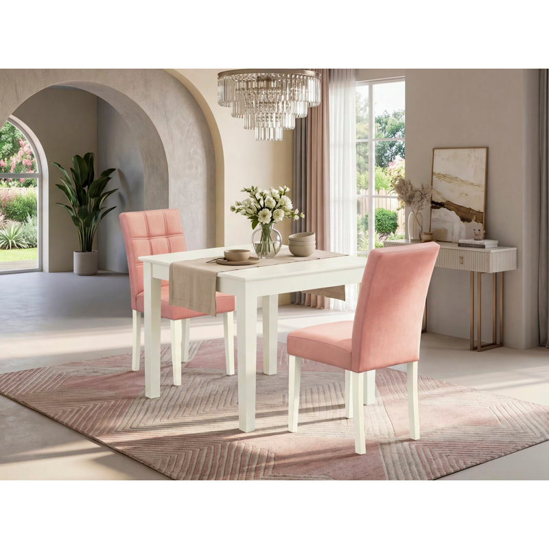 L'ensemble de table de salle à manger 3 pièces comprend une table de salle à manger et 2 chaises de cuisine en tissu de polyester rouge beige avec dossier élégant - finition lin blanc
