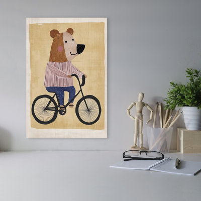 Happy Bear Cycling Playful Whimsical Contemporary Bear Wall Art Print by Mathieu - Wrapped Canvas Print