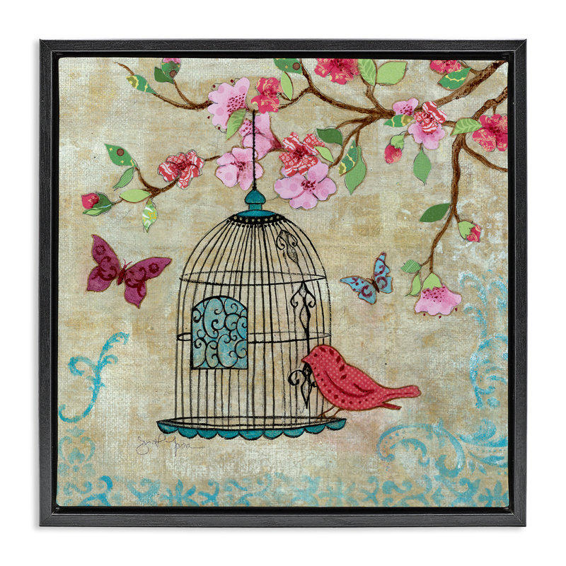 Cadre flottant Spring Fling Bird Scene, design par Janet Tava, Cadre flottant noir de jais, H 18 po x l 18 po