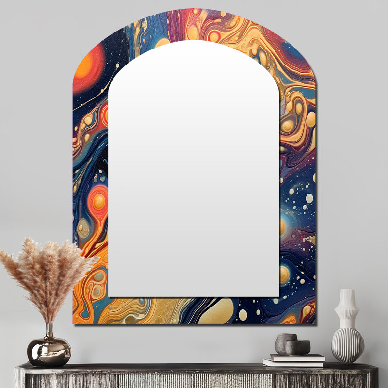 Orange orange bleu galactique II - miroir décoratif arche Comets, miroir mural asymétrique moderne, impression d'art en métal