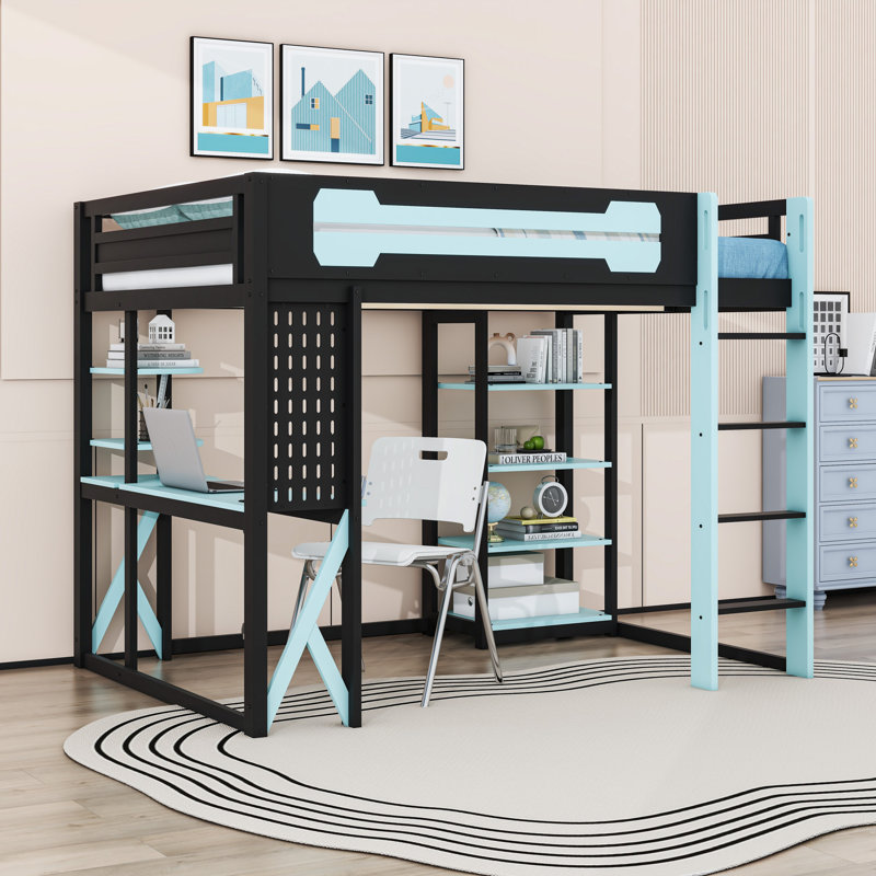 Full Wood Loft Bed with Desk, RGB LED Lights and Shelves, Black/Blue