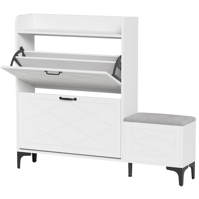 Armoire de rangement pour chaussures 24 paires avec banc à coussins et armoire de rangement rabattable réglable, Blanc