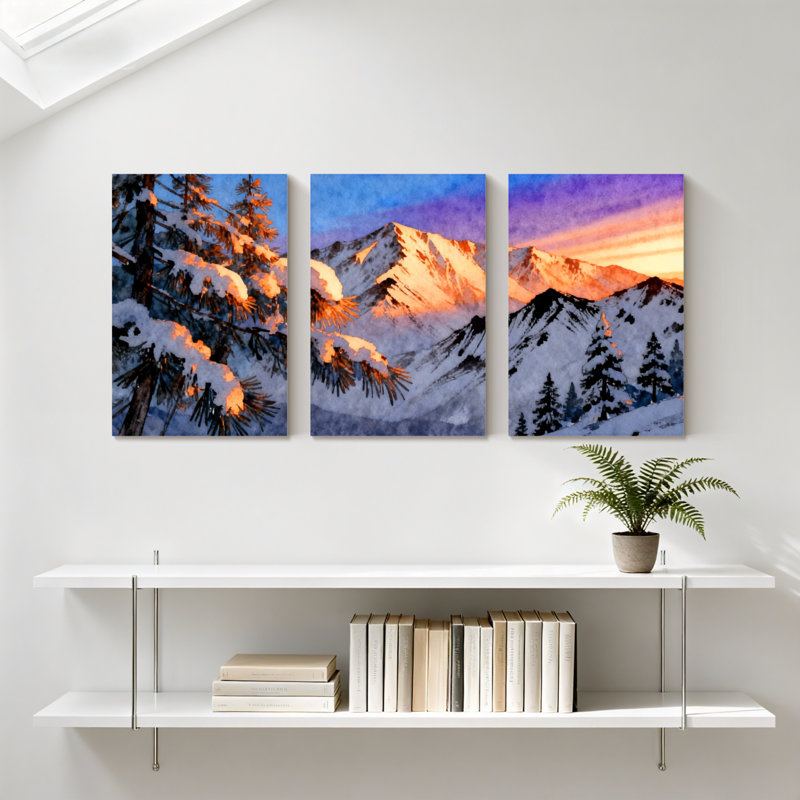 Hiver, forêt, montagnes enneigées, coucher de soleil, arbres de pin, ensemble de 3 impressions sur toile, H 18 po x l 36 po