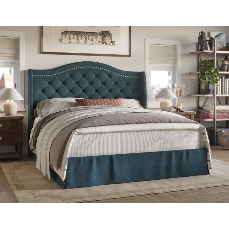 Lit plateforme tapissier Belles, Bleu denim, Grand lit