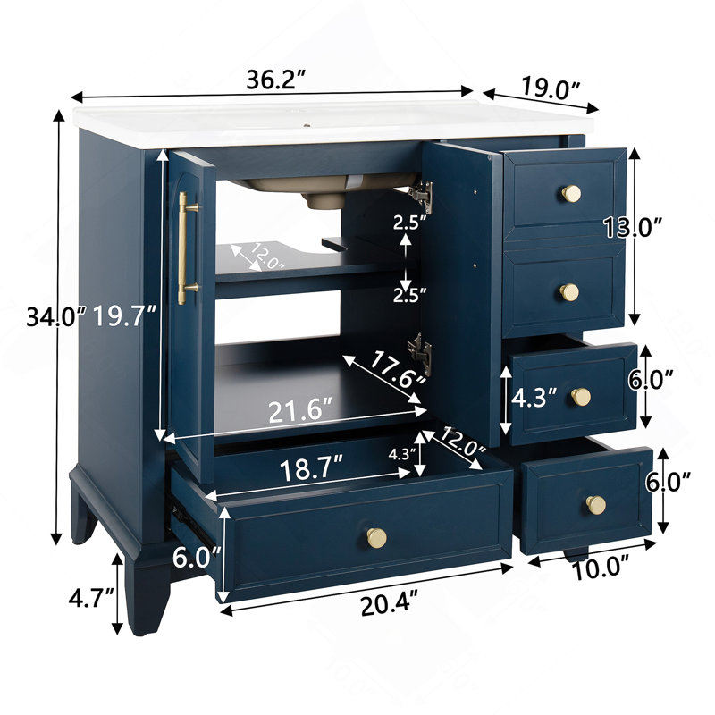 Meuble-lavabo sur pied avec tiroirs de rangement et poignées en métal, Bleu