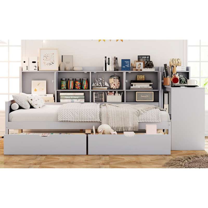 Gray Full Size Daybed With 3 Storage Cabinets, 2 Drawers, Versatile Study Desk And Space Multifunctional Bed L-shape In Function, Customizable Materials
