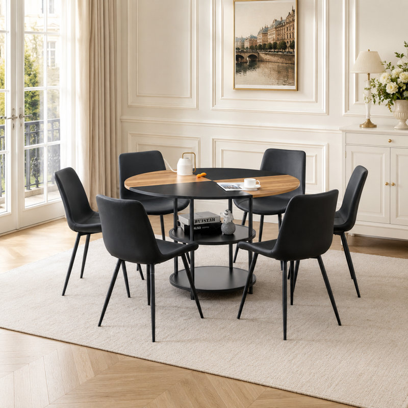 Mid-Century Modern Manufactured Wood Round Dining Set, Black, 7 Pieces: Table, 6 Chairs