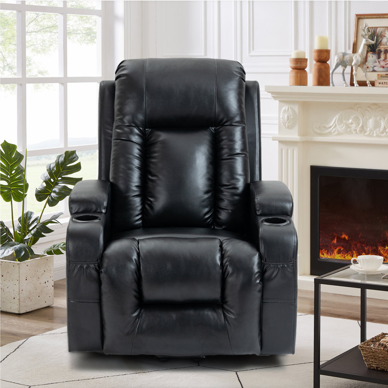 Emalina 39.76"W Breathable Faux Leather Power Recliner, Massage, Heater, Standing Assistance, Black
