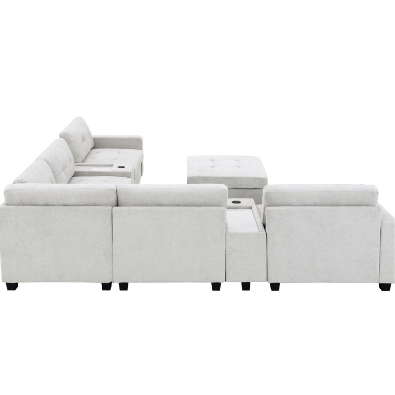 Canapé modulaire rembourré avec chenille, 2 consoles, grands espaces de rangement, 6 chenilles confortables pour la maison, plateaux de table en acrylique, rangement, sièges de salon