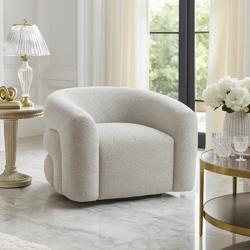 Fauteuil d'appoint pivotant Dera, dossier sculpté en forme de tonneau, rembourrage en mousse, boucle grise