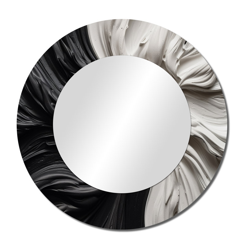 Philmore Black White Marbled Dreamscape IV - Geometric Decorative Wall Mirror, Black Large Round Mirror, Printed Metal Art