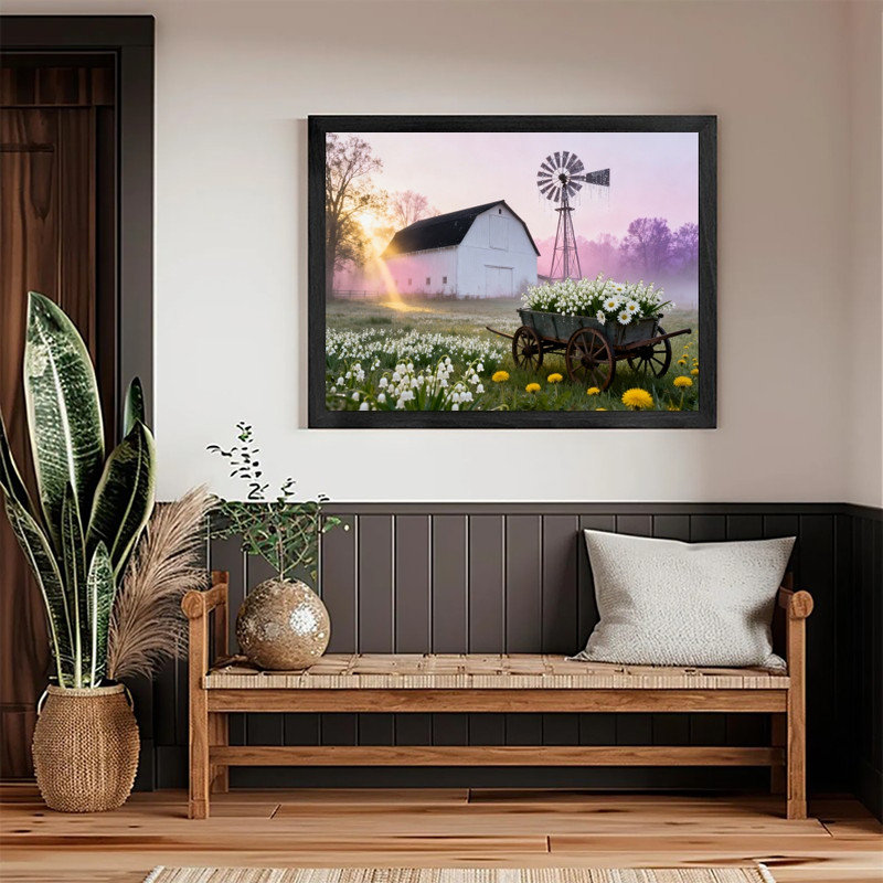 Art de moulin à vent floral de ferme rustique noir, impression de peinture de paysage de campagne lumineuse, H 9 po x l 11 po