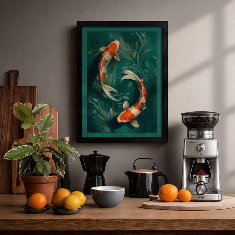 Koi In Teal Water Japandi - Print, Black, A4 - 29.7 x 21.0 cm
