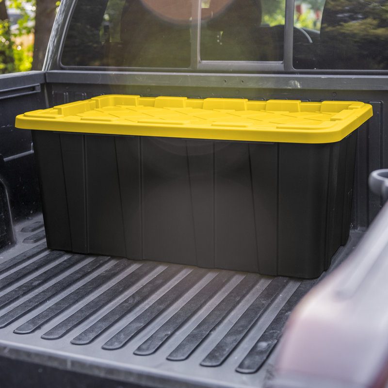 Sterilite 17 Gallon Industrial Stackable Storage Tote Lidded Containers, 6 Pack, 8 Pack, Black/Yellow, 38 Gallon
