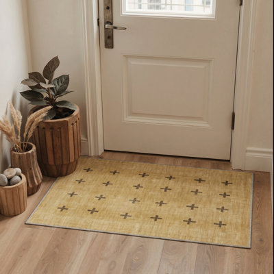 Machine Washable Non Slip Yellow / Brown Cross Area Rug Pet Friendly Indoor Carpet
