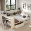 Lit moderne avec tablettes de rangement, 2 tiroirs, station de charge, bureau d'étude et tête de lit tapissier-539401035