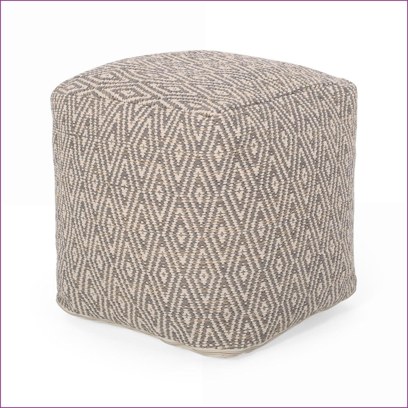 Pouf, Hand-Loomed Cotton with Diamond Pattern, Beige &amp; Mustard Yellow | 15x15x15", Beige