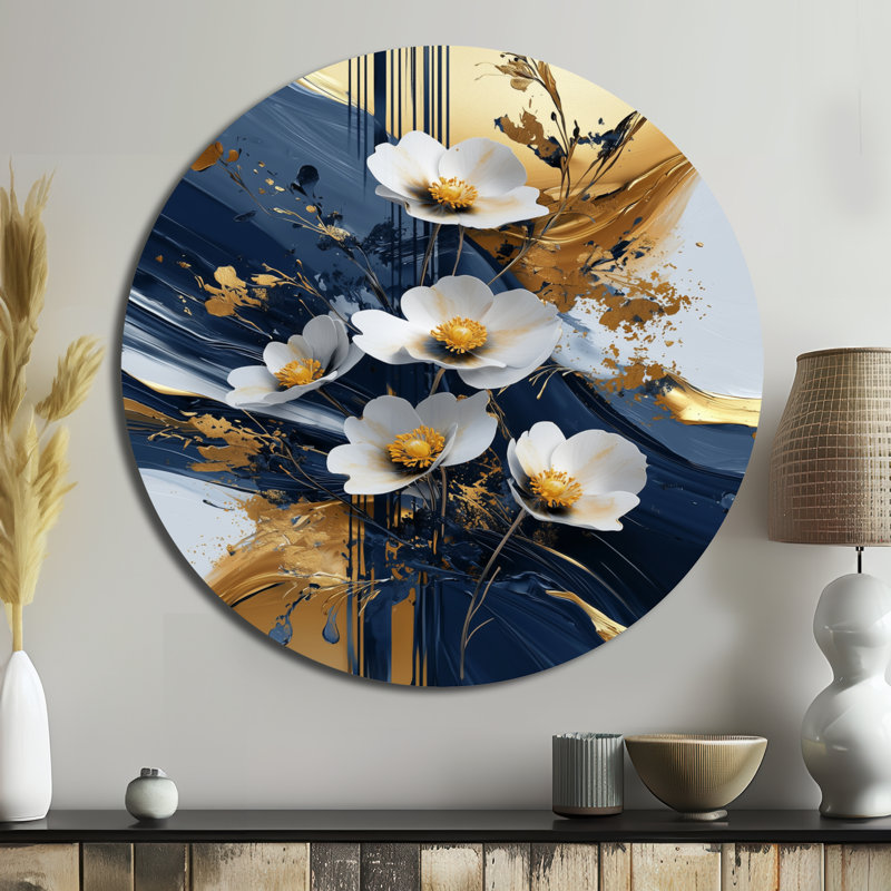 Golden Graceful Buttercups II - Buttercups, décoration murale ronde en métal, impression traditionnelle en métal doré