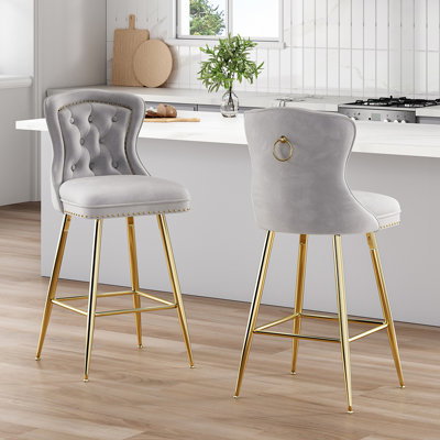 Ensemble de 2 tabourets de bar, tabourets de bar à hauteur de comptoir en velours avec pieds en métal, garniture capitonnée et têtes de clous, chaises de bar à oreilles pour le pub de l'îlot de cuisine