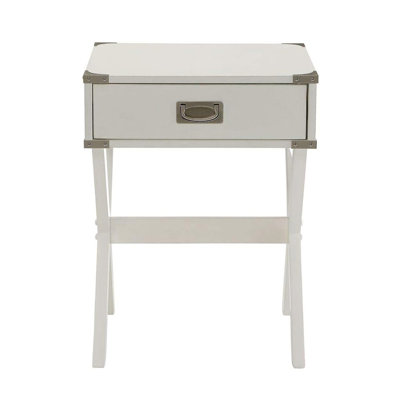 Table d'appoint carrée blanche, équerres métalliques aux coins, plateau en bois, piètement en forme de « X », traverse de support, tiroir 15 x 9 x 3 po (hauteur), coins coulissants, traverse, 15 po x 9 po x 3 po (hauteur),
