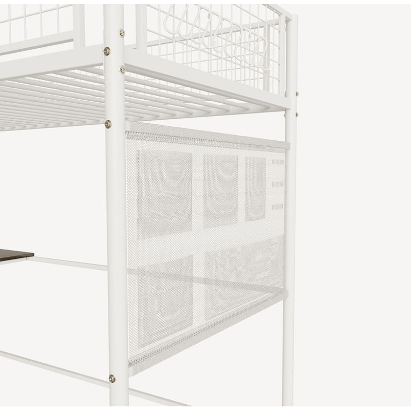 Twin sized loft metal bed with white for bedroom and dormitory, with built-in charging station and LED lighting, Twin, White