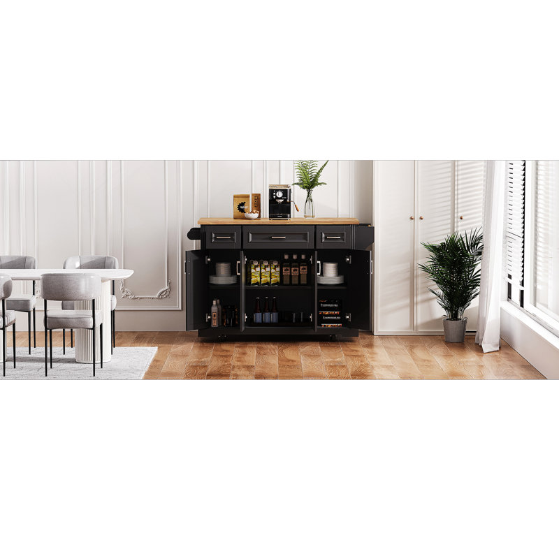 Grand îlot de cuisine roulant de 54 pouces avec abattant en bois d'hévéa, 4 portes, 3 tiroirs et rangement, Noir