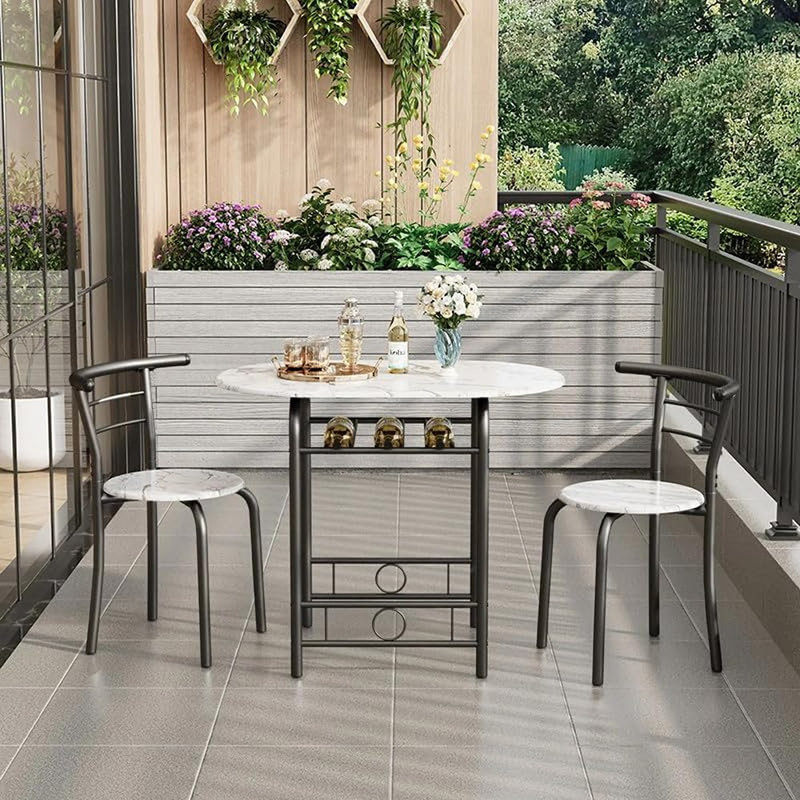 Ensemble de table de salle à manger 3 pièces en bois - Table ronde et 2 chaises avec structure en métal et support à vin intégré - Marbre blanc et noir
