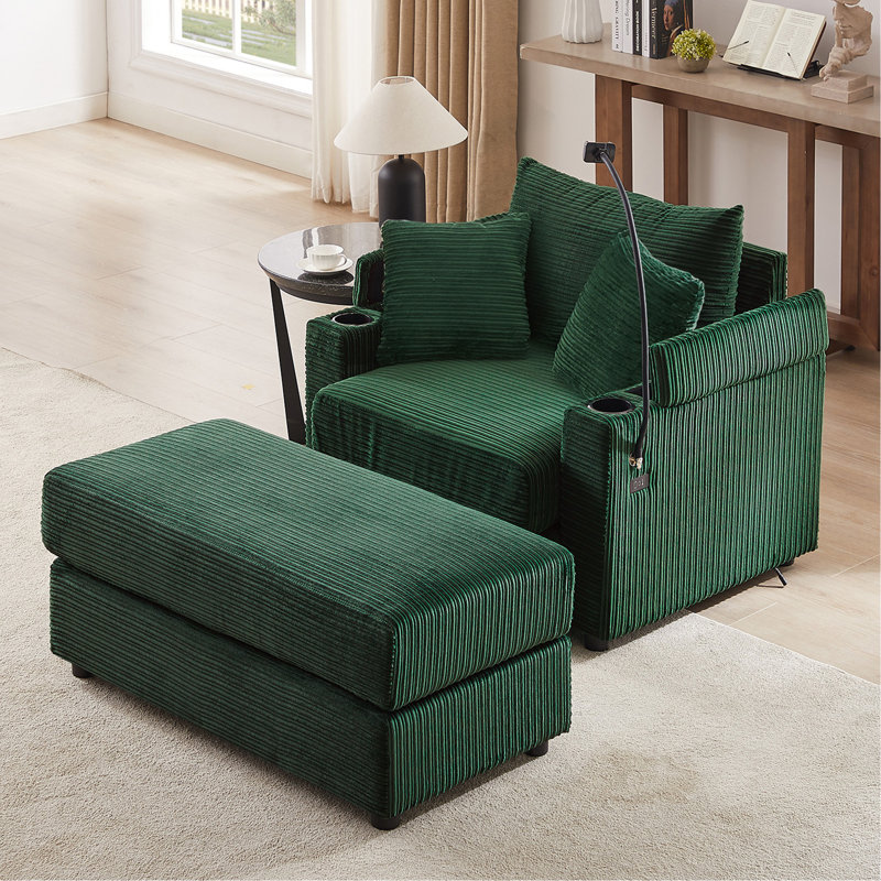 41.7" Modern Style Single Sofa Sofa Couch With Storage Space, A Movable Ottoman, Two USB Ports, Two Cup Holders, A Phone Holder For Living Room, Green
