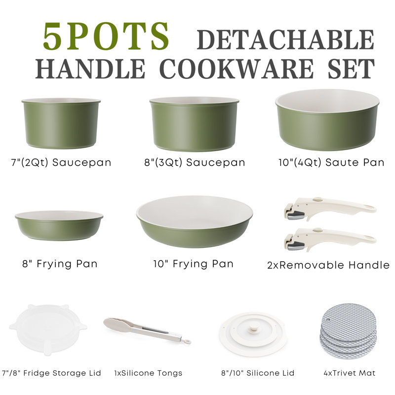 Caannasweis 12 Pieces Nonstick Cookware Set Stackable Induction Pots and Pans With Removable Handles, Green