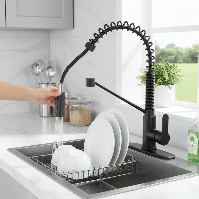 Robinet de cuisine à poignée simple de style commercial avec bec à ressort à arc élevé noir mat