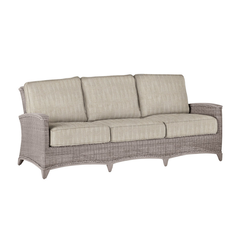 Astoria 85.13" Wide Outdoor Wicker Patio Sofa with Cushions, Welt, Oyster, Herringbone Sand