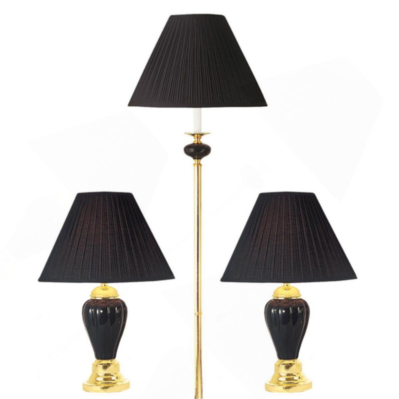 3-Piece Ceramic Lamp Set, Floor And Table Lamps, Black Finish, Black