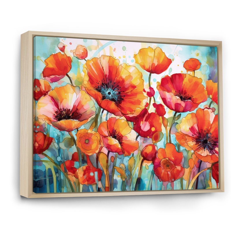 Brilliant Poppies V - Art mural floral, Cadre naturel flottant, H 12 po x l 20 po x P 1 po