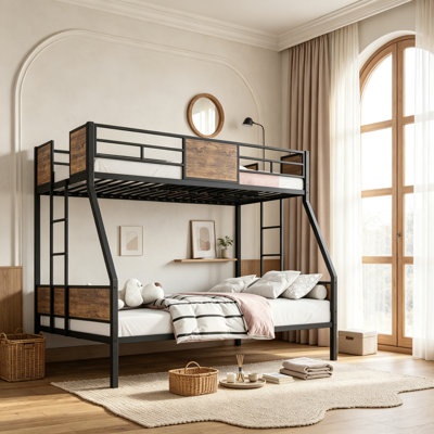 Cadre de lit superposé en métal robuste avec barrière de sécurité pour les enfants et les adultes, lit superposé industriel pour petit dortoir, aucun sommier requis, assemblage facile, lit simple sur double, brun