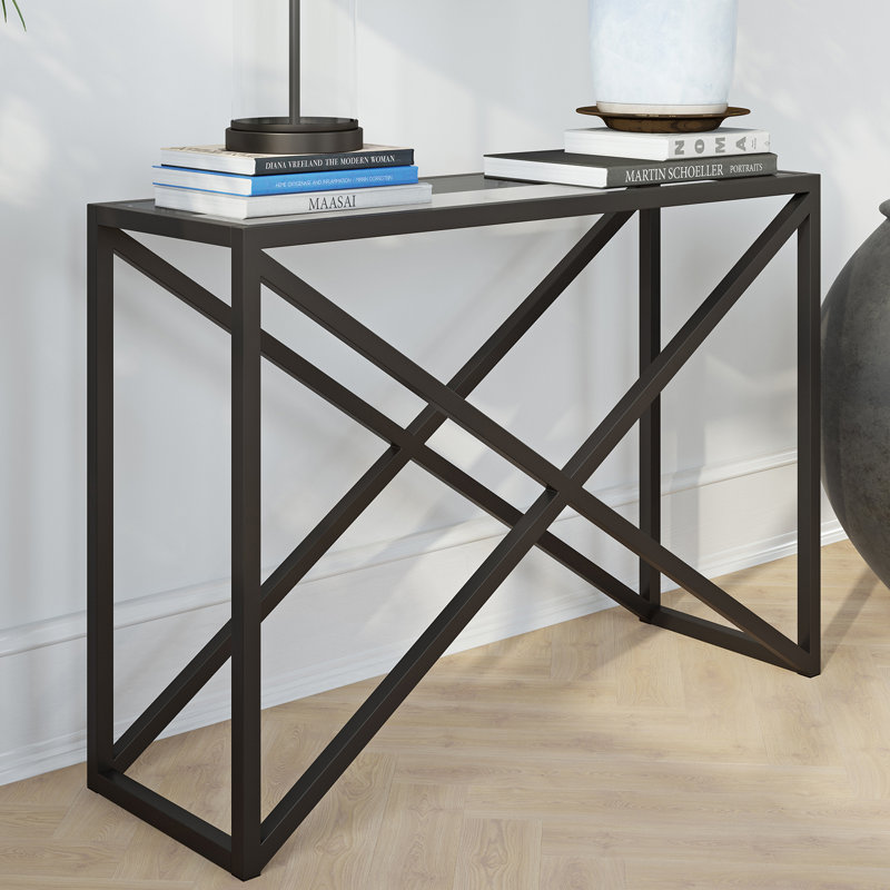 Calix Glass Top Console Table, 76 cm H x 106.7 cm W x 35.56 cm D, Blackened Bronze