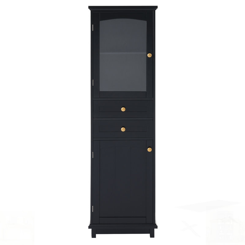 Grande armoire de rangement pour salle de bain avec portes en verre, conception autoportante, deux tiroirs et tablettes réglables, panneau de fibres à densité moyenne, pour exposer vos articles préférés
