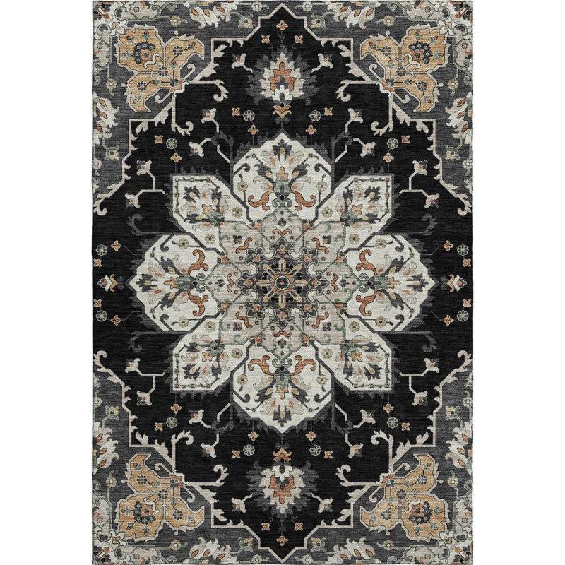 Premium Machine Washable Mayfield AMF2194 global Rug, Black, 3' x 5'