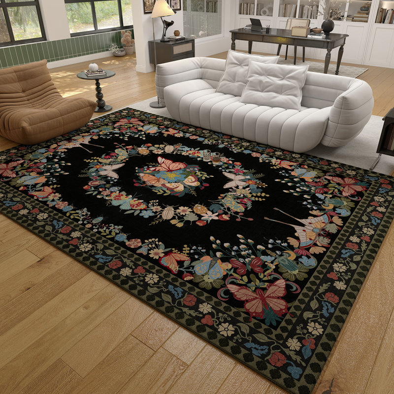 Tapis papillon de 8 x 10 pi pour salon, tapis à poils courts avec envers en caoutchouc lavable et antidérapant grand tapis moderne pour chambre à coucher, noir