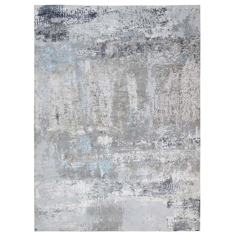 Tapis oriental en laine nouée à la main de conception abstraite moderne de 9 pi x 11 pi 10 po gris, épais et moelleux E71AE8D1676049019791AF4C0DA778D4