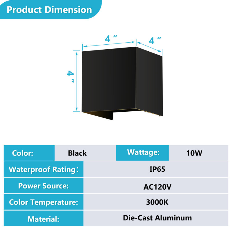 2-pack Led Black Square Up/down Wall Light, Adjustable Beam Angle Aluminum Ip65 Waterproof Wall Sconce, 10