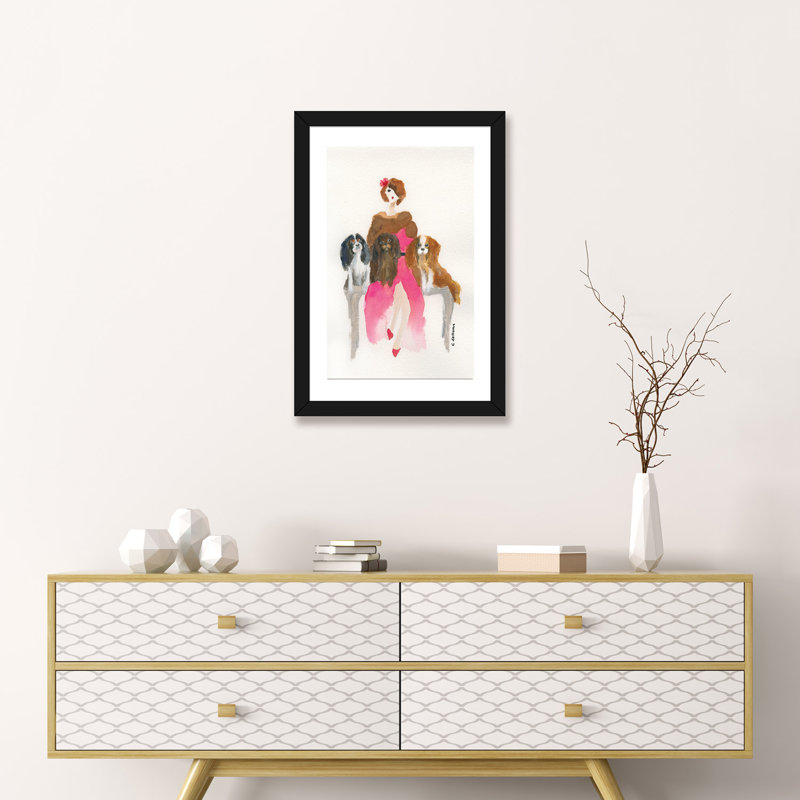 «Cavalier Lady in Pink» par Connie Collum, reproduction d'art, H 24 po x l 16 po x P 1 po, Papier encadré noir